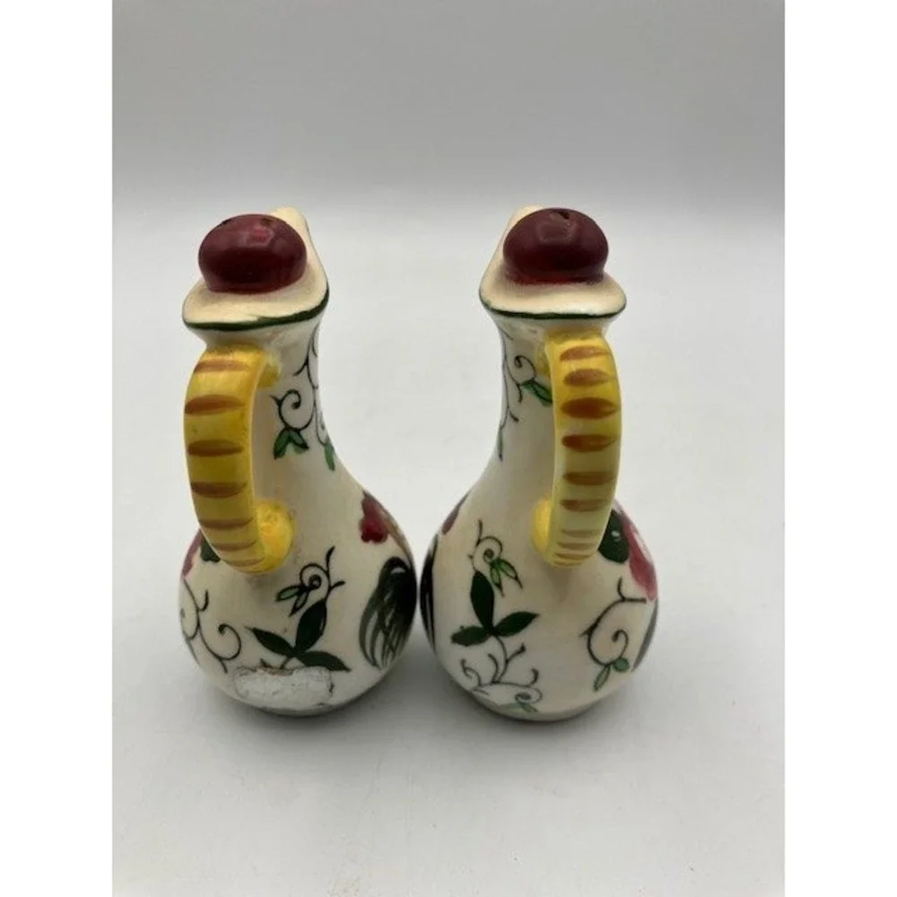 VTG 1950's Rooster & Rose Ceramic Pitcher Salt Pepper‎ Shakers - Country Kitchen